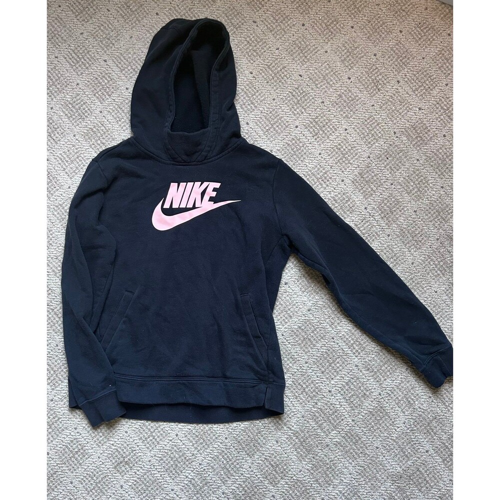 Nike Girls Black Hoodie Pink Swoosh Pullover Sweatshirt Size XL